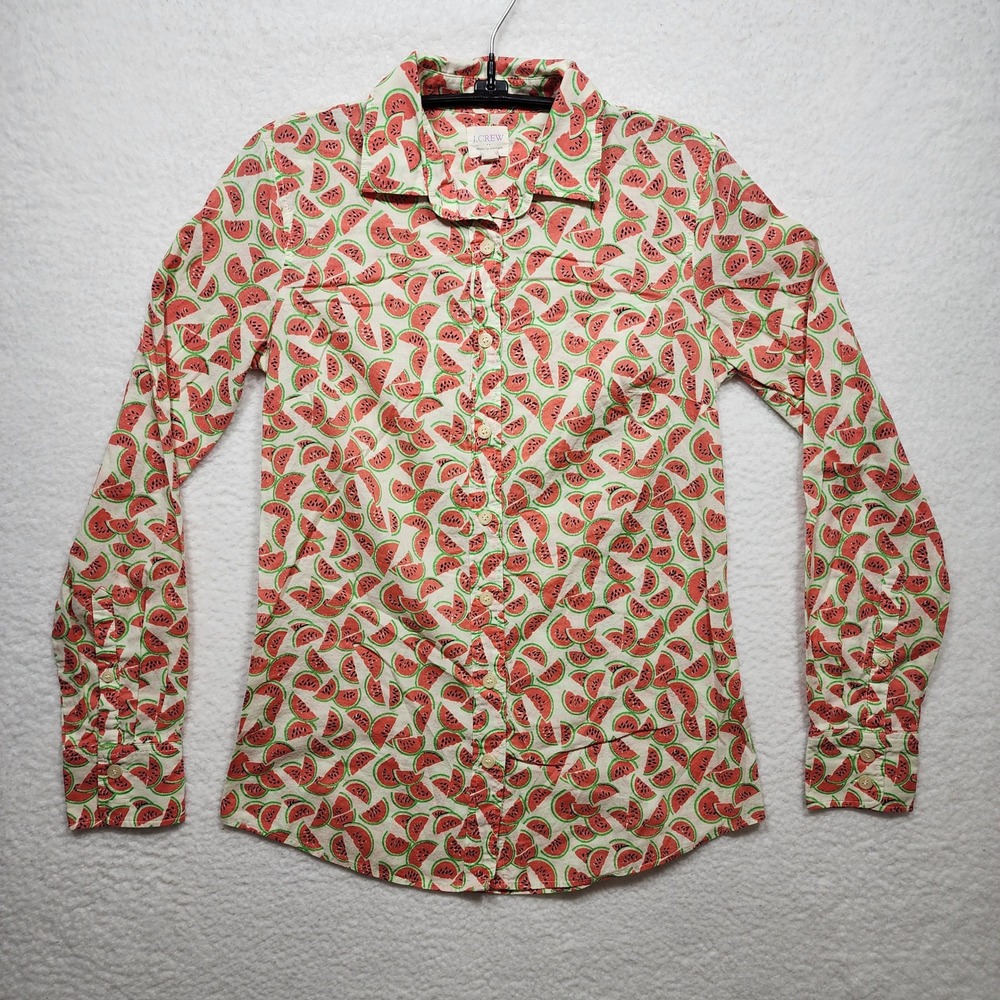 J. Crew Perfect Fit Watermelon Print Button Down Shirt XXS Cotton Long Sleeve